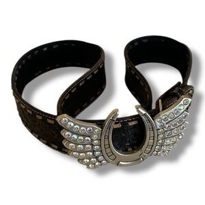 Vintage Etched Leather Rhinestone Horseshoe Black Belt w/Detachable Hardware XL